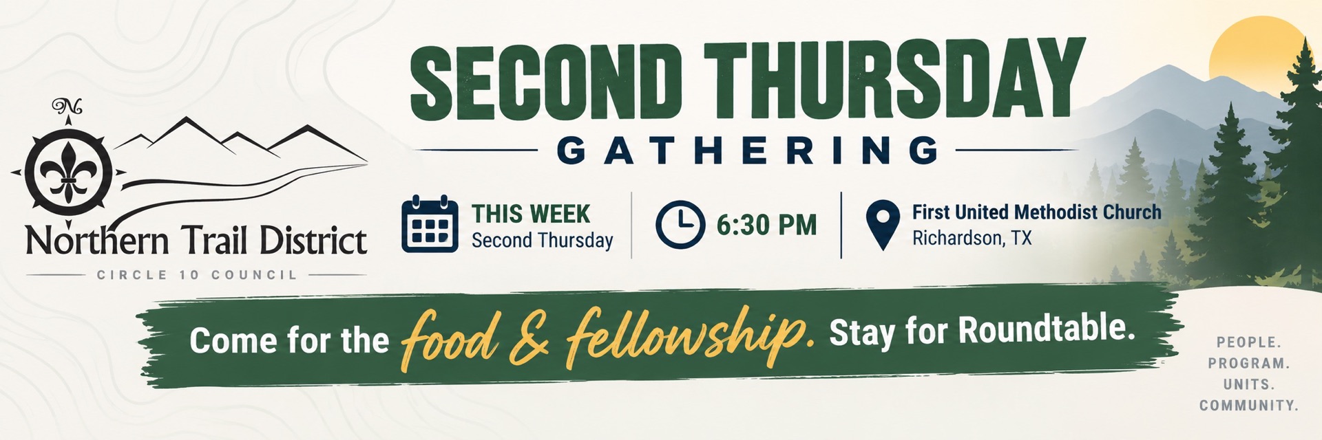 Second Thursday Gathering - This week at 6:30 PM at First United Methodist Church Richardson